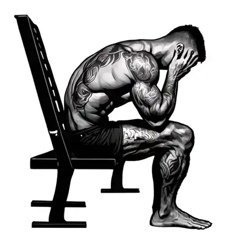 Side View Of A Muscular Man Sittin On A Bench With Head In Hands