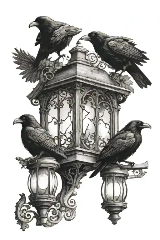 Three Ravens Sitting On A Doorstep In Front Of A Gothic Door With A Lantern Style Porch Light