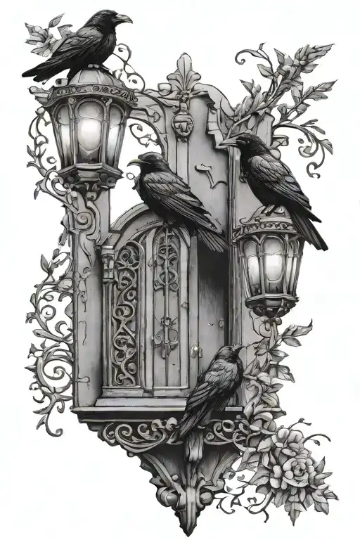 Three Ravens Sitting On A Doorstep In Front Of A Gothic Door With A Lantern Porch Light