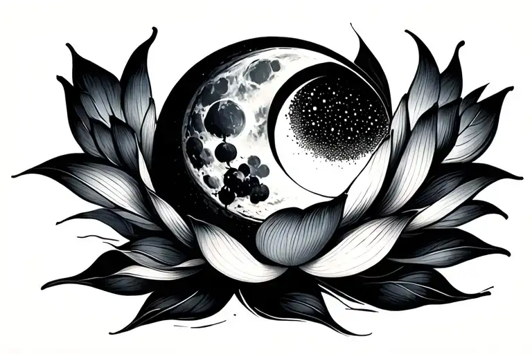 Minimal Tattoo Of A Moon And A Lotus Flower Blooming