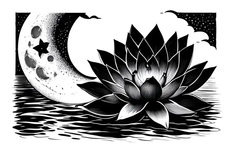 Minimal Line Tattoo Of A Moon And A Lotus Flower Blooming