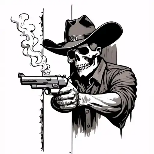 Skelton Cowboy Peeking Around A Wall With A Smoking Gun