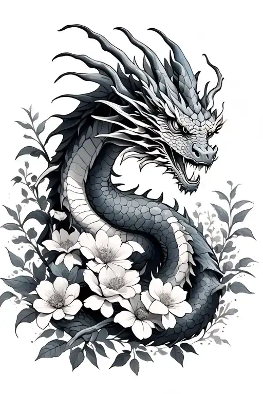 Dragon Flying With Flowers Surrounding