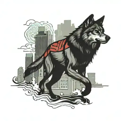 Wolf Walking Through Detroit Cityscape Include Red Black And Green