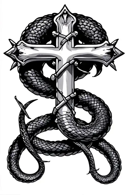 Cross Made Of Nails Piercing Serpent Wrapped