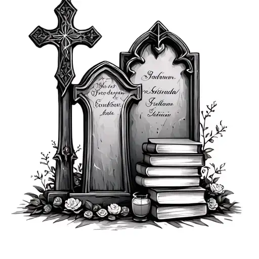 Apothecary Garden With A Cross Headstone And Stack Of Books