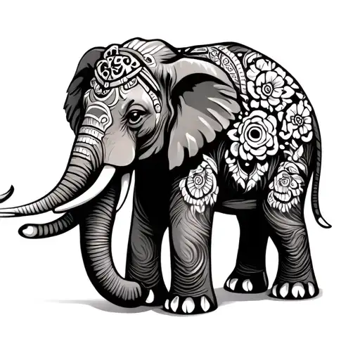 A Black-grey Tattoo Of A Majestic Elephant Adorned With Floral Patterns Inspired By Indian Tribes