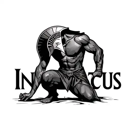 Tatoo With Spartan Kneeling But Looking Forward With The Word Invictus