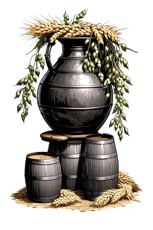 Hop Vines Going Over A Copper Brew Kettle With Wheat And Bourbon Barrels