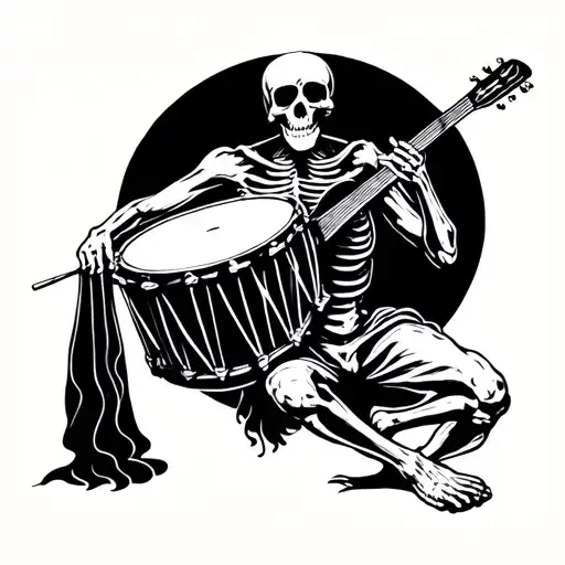 Woodcut Style Skeleton Bard Playing A Drum With A First Quarter Moon Behind