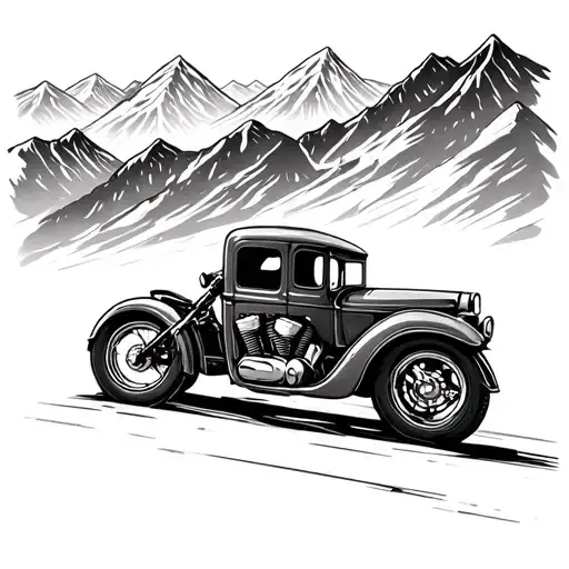 Motorcycle And Old Truck Driving In The Mountains