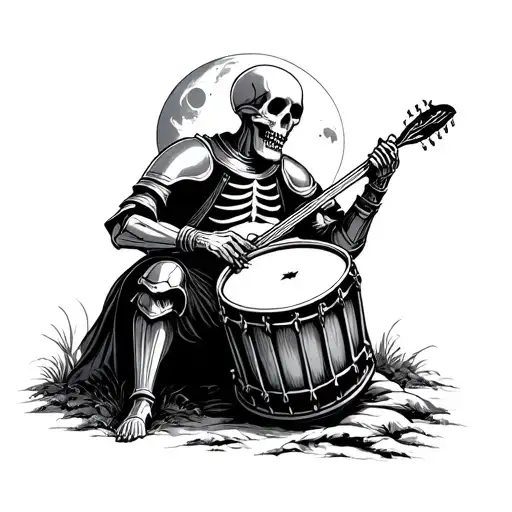 Woodcut Style Skeleton Bard With Armor Playing A Drum With A First Quarter Moon Behind