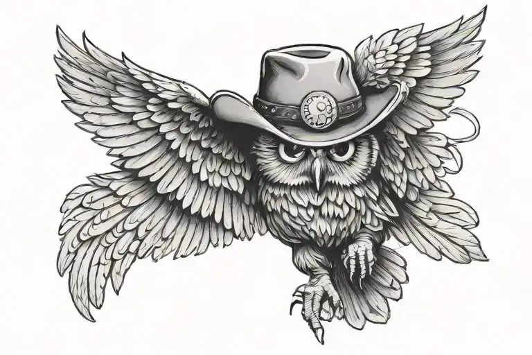Owl With Cowboy Hat With Wings Flared