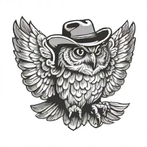 Tough Owl Wearing Cowboy Hat With Wings Spread Wide