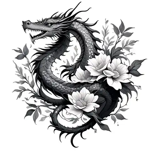 Dragon And Flowers Intertwined