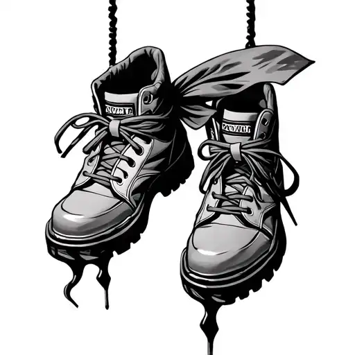 Traphic Sign With Shoes Hanging Off And A Bandanna Hanhing Off Of It