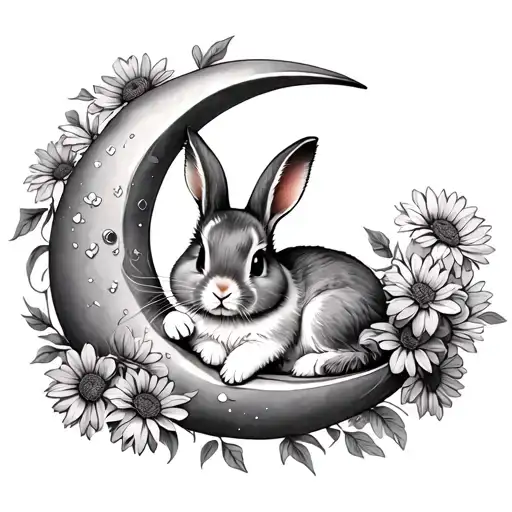 Small Floppy Eared Bunny Laying In A Crescent Moon With Chrysanthemums