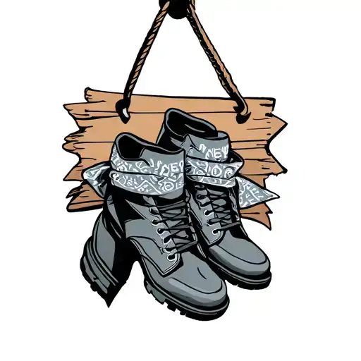 Sign With Shoes Hanging Off And A Bandanna Hanhing Off Of It