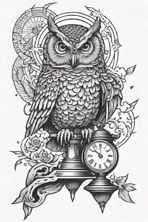 Owl Holding Broken Hourglass While Flying Towards The Sun