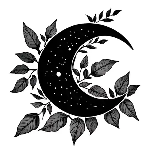 Crescent Moon With Laurel Leaves And Pelin Plant Intertwined