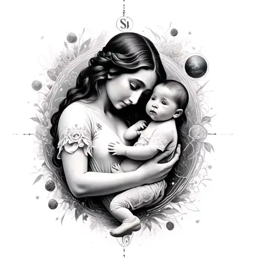 Mother Holding Baby Realism With Space And Time Elements Surrounding It