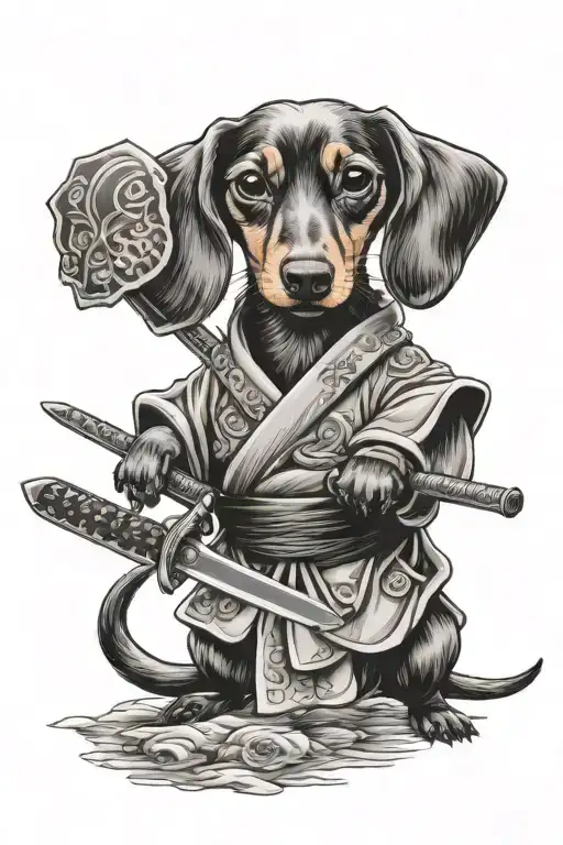 Daschund Dog In A Samurai Robe Holding A Katana In A Battling Stance