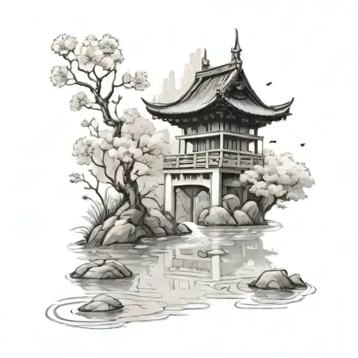 Japanese Pond With Temple And Cherry Blossom Tree With Floating Blossoms In The Air