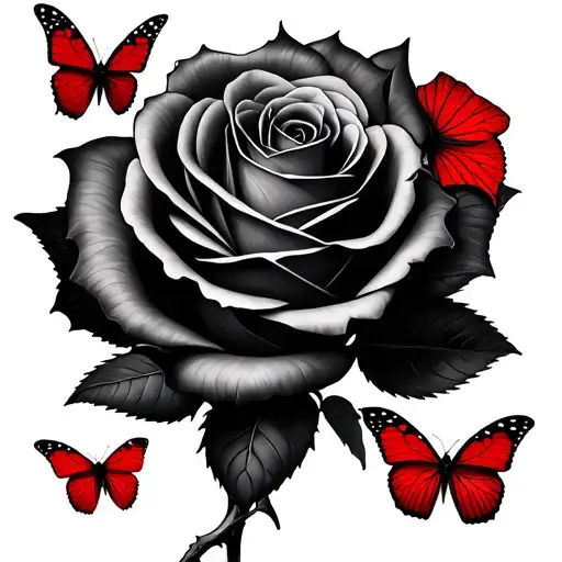 Rose With Red Butterflies Surrounding