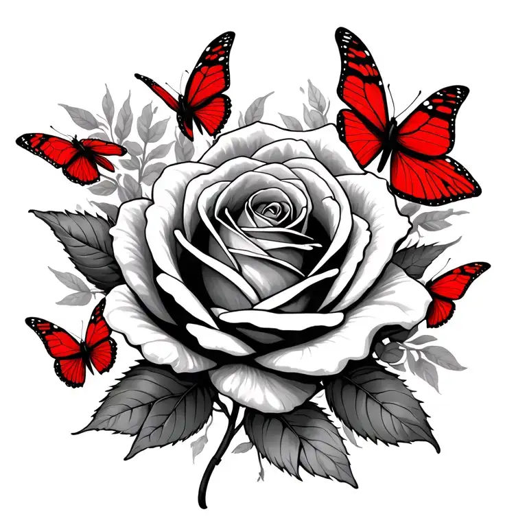 Single Rose With Red Butterflies Surrounding