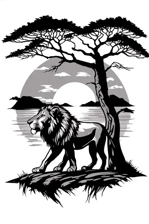A Tattoo Of A Lion Walking Into The Sunset With A Baobab Tree