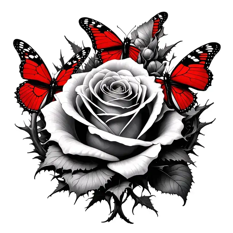 Long Single Rose With Thorns With Red Butterflies Surrounding