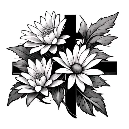 A Cross With Dasies And Water Lilies