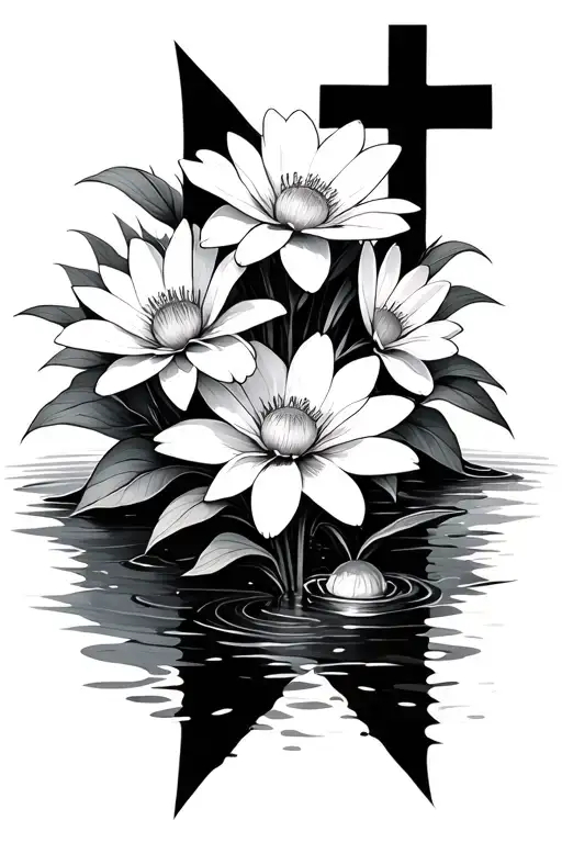 A Cross With Dasies And Water Lilies
