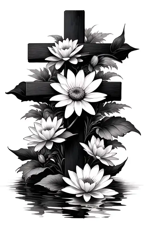 A Cross With Dasies And Water Lilies Intertwined