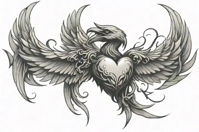 Phoenix Soaring With Broken Heart Shaped Lock Intertwined With A Heart