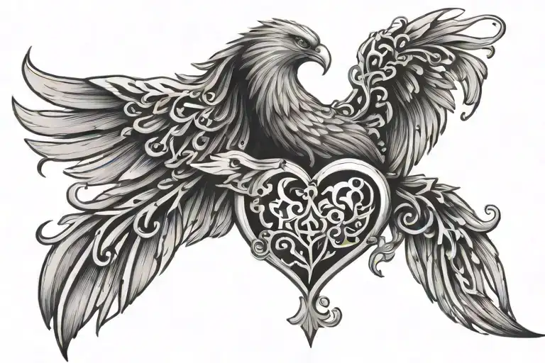 Phoenix Soaring With Broken Heart Shaped Lock Shaped Heart