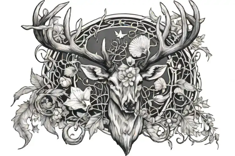 Deer Antlers With Seashells Scattered And Vines Surrounding