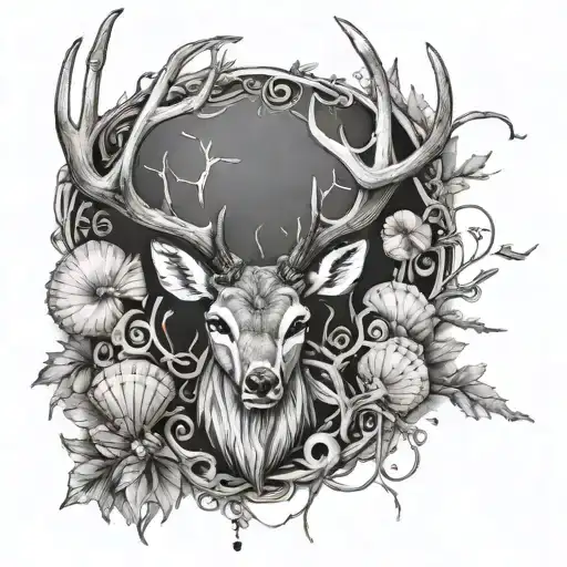 Deer Antlers With Seashells Scattered And Vines Surrounding