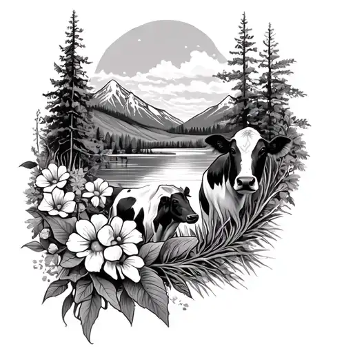 Western And Flowers And Cows And Mountains And Lake