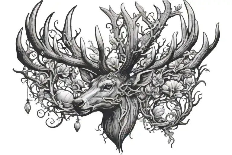 Deer Antlers No Head With Seashells Scattered And Vines Surrounding