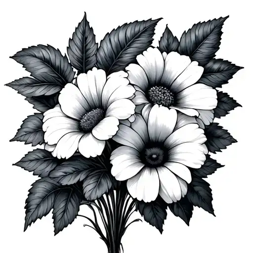 Daisy Flower Morning Glory Bouquet With Chickadee