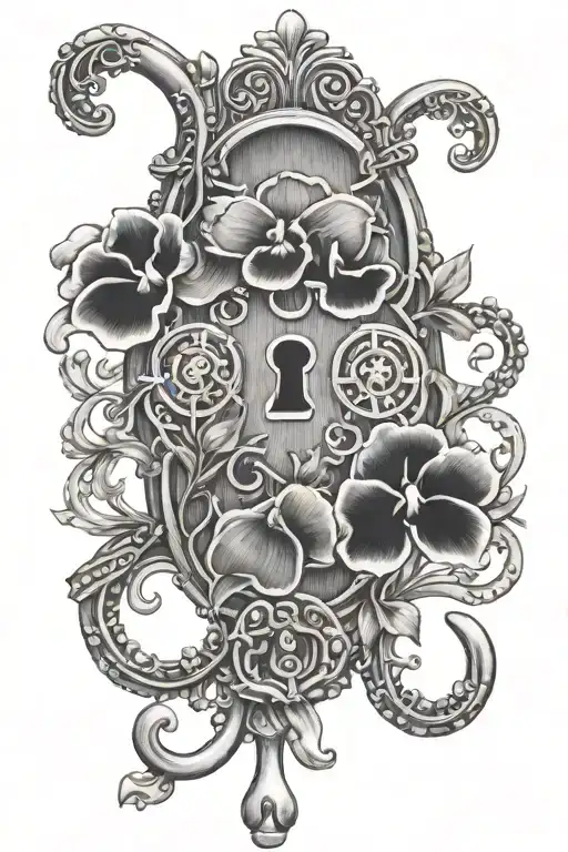 Sweet Pea & Pansy Flowers Intertwined Old Lock & Key