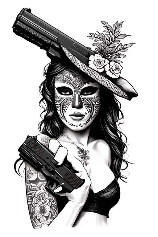 Mexican Half Mask On Women Holding Glock
