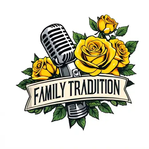 Yellow Roses And Old School Microphone And The Words Family Tradition Weathered In Traditional Style
