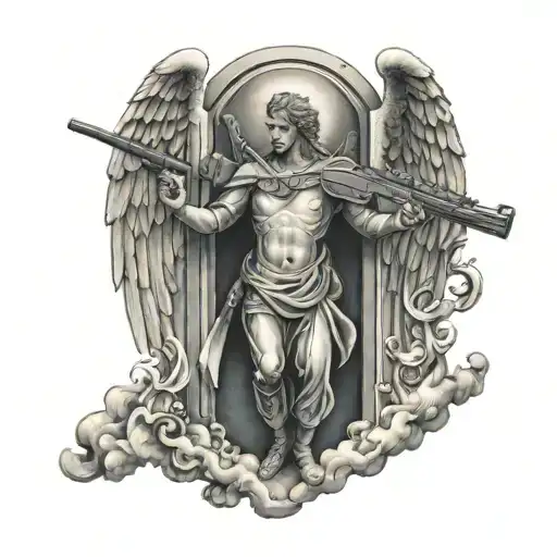 Angels Opening The Gate Of Heaven With A Rifle In Their Hands