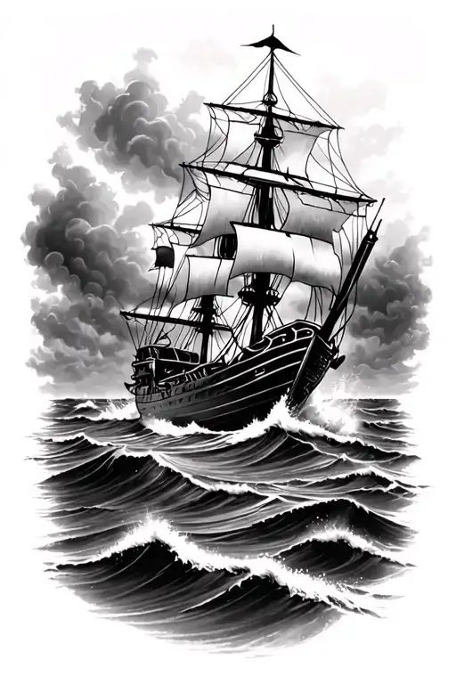 Sunken Ship Sailing Through Stormy Seas