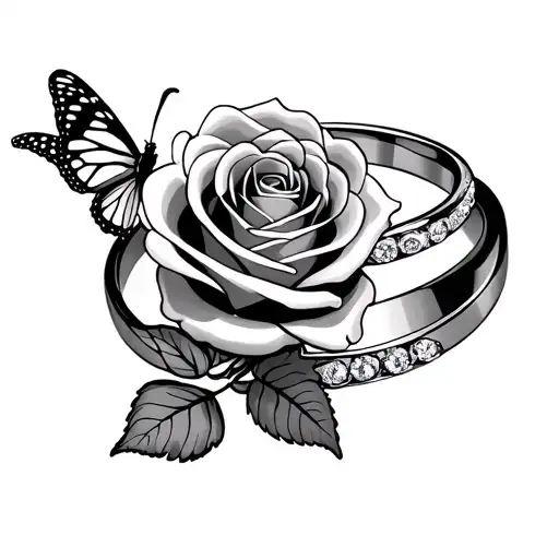Rose And Two Wedding Rings With Butterfly