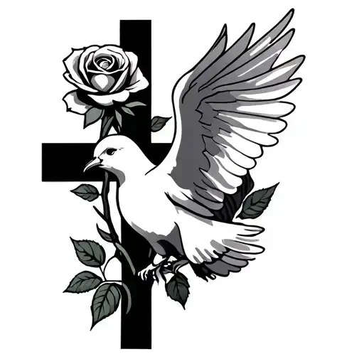 Dove Carrying A Rose With A Cross Back Ground