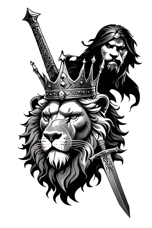 Lion Head With A Crown And A Warrior Wielding A Sword