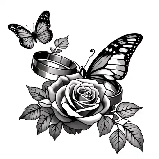 Roses And Two Wedding Rings With Butterfly